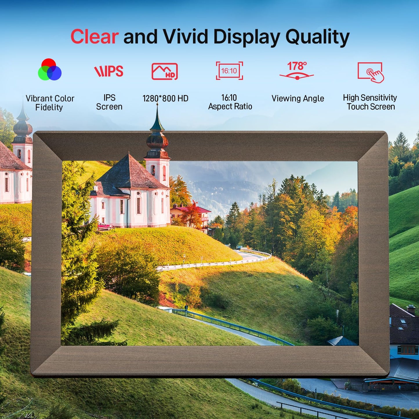 Frameo 10.1" Digital Picture Frame, Smart WiFi Digital Photo Frame with 1280x800 HD IPS Touch Screen 32GB Memory Auto-Rotate Wall Mounted, Share Photos/Videos from Phone Anywhere(Gray Wood)