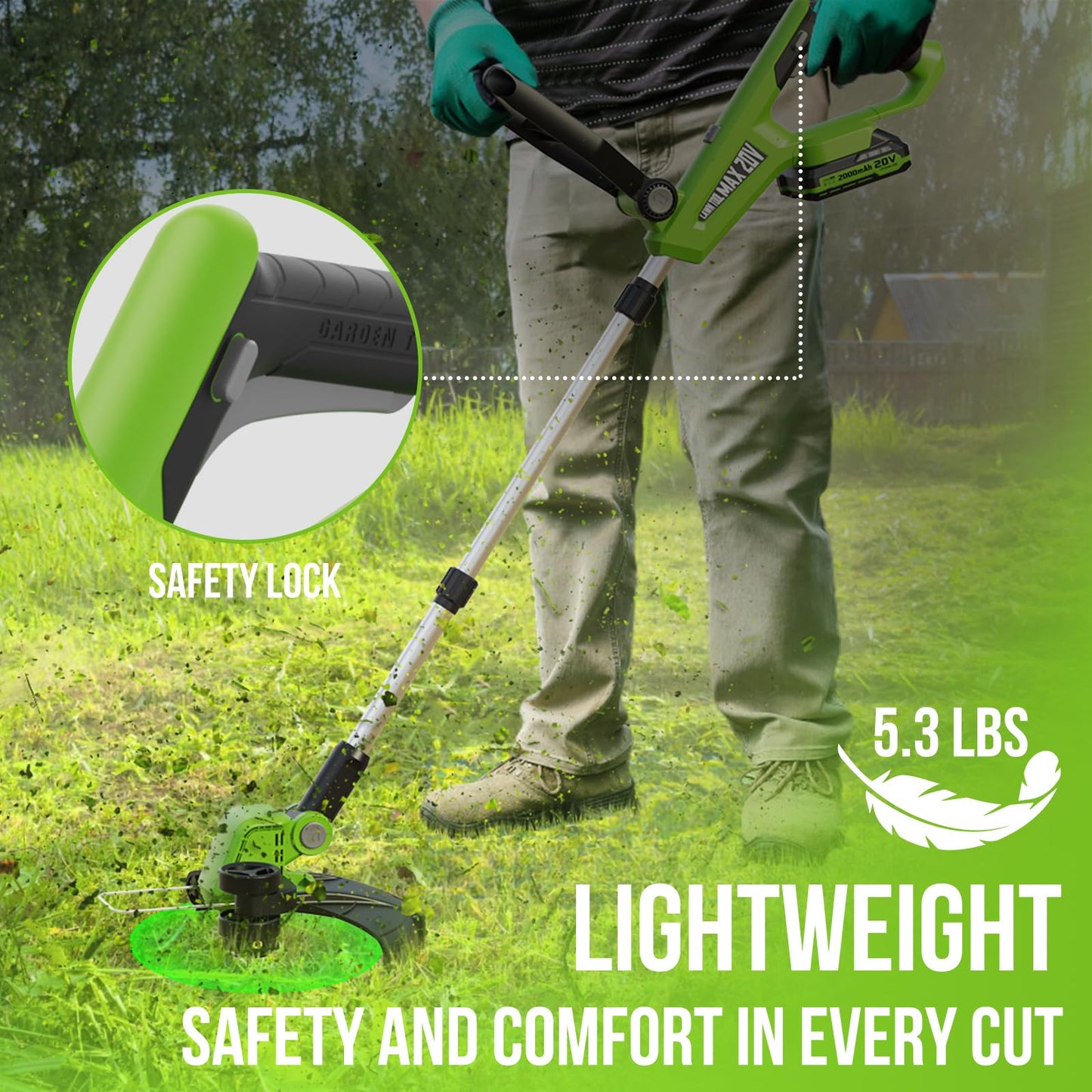 VARSK 20V String Trimmer Cordless, 12 Inch 2 in 1 Trimmer and Edger, Automatic Line Feed, Includes 2 X 2.0Ah Batteries/1 X Fast Charger/6 X Spare Spools, for Lawn, Garden, etc, Green
