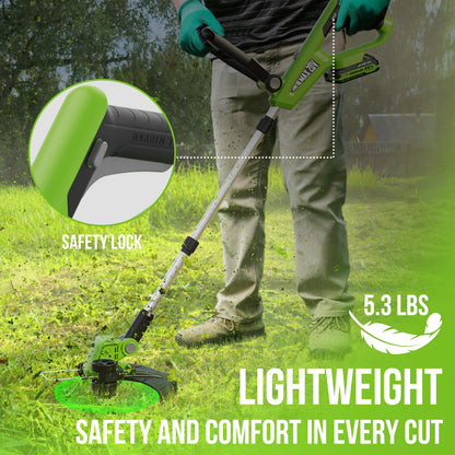 VARSK 20V String Trimmer Cordless, 12 Inch 2 in 1 Trimmer and Edger, Automatic Line Feed, Includes 2 X 2.0Ah Batteries/1 X Fast Charger/6 X Spare Spools, for Lawn, Garden, etc, Green