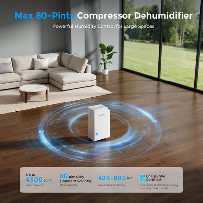 4500 Sq.Ft. Most Efficient Energy Star 2025, Max 80 Pint/D (Standard 52Pint/D) Smart Compressor Dehumidifier with APP/WIFI, Intelligent Humidistat for Basement, Home, Bedroom, Bathroom, Garage (LIBRA)