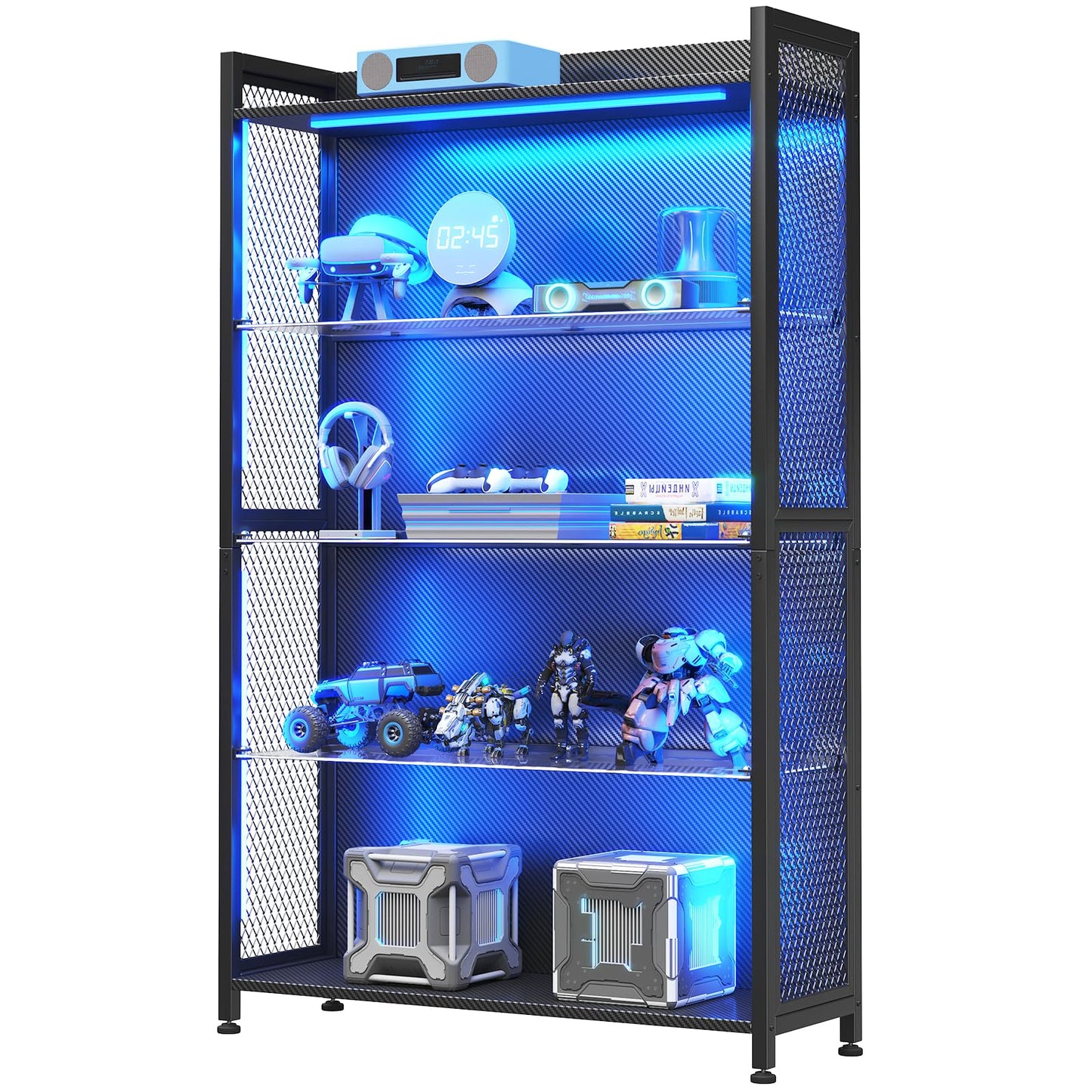 MOTPK Display Cabinet with LED Lights, Display Case with Glass Storage Shelves, 4-Tiers Curio Cabinet for Collectibles, Display Shelf Carbon Fiber Texture Black 32inch