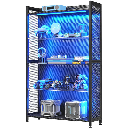 MOTPK Display Cabinet with LED Lights, Display Case with Glass Storage Shelves, 4-Tiers Curio Cabinet for Collectibles, Display Shelf Carbon Fiber Texture Black 32inch