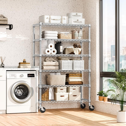 MZG Steel Storage Shelving 6-Tier Utility Shelving Unit with Wheels, Steel Organizer Wire Rack for Home,Kitchen,Office,Garage,17.7" D x 47.2" W x 76.7" H