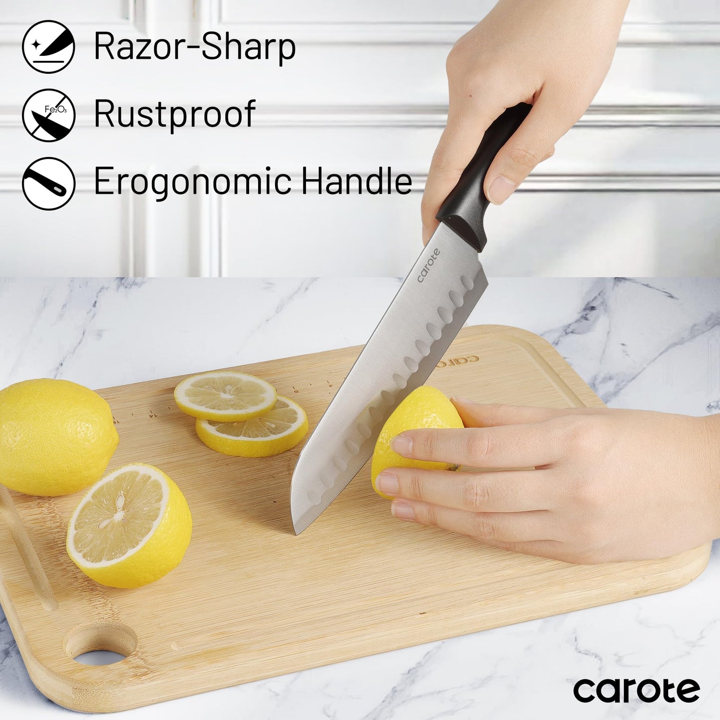 CAROTE 16 Pieces Kitchen Utensils Set, Silicone Cooking Utensils Set with Wooden Handle, Stainless Steel Knife Set with Block, Kitchen Utensil Gadgets Cutlery with Anti-slip Handle, Black