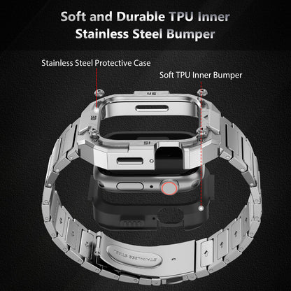 Stainless Steel Case with Band Compatiable for Apple Watch 44mm Bands -Rugged Metal iWatch Bumper Cover and Strap for Men iWatch Bands Series 6 5 4,Titanium