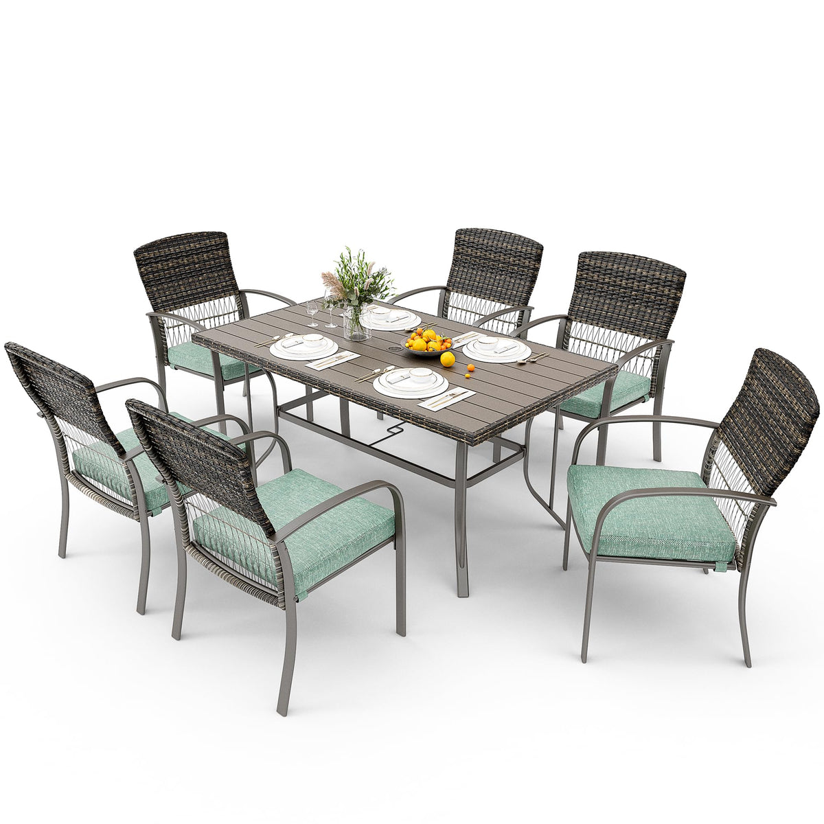 Pamapic Patio Dining Set, 7 Piece, Outdoor Wicker Furniture Set for Backyard Garden Deck Poolside/Iron Slats Table Top, Removable Cushion, Green
