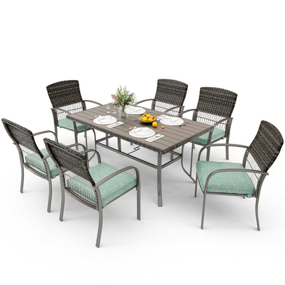 Pamapic Patio Dining Set, 7 Piece, Outdoor Wicker Furniture Set for Backyard Garden Deck Poolside/Iron Slats Table Top, Removable Cushion, Green