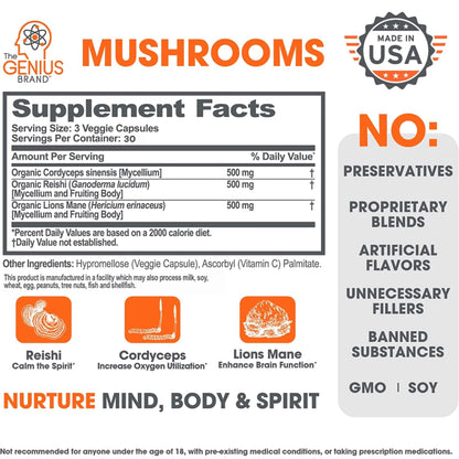 Genius Mushroom Supplement - Lions Mane, Cordyceps, Reishi - Brain Nootropic for Energy, Focus, Overall Wellness, & Immune Support - 90 Capsules