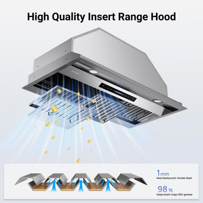 IKTCH 36 inch Built-in/Insert Range Hood 900 CFM, Ducted/Ductless Convertible Duct, Stainless Steel Kitchen Vent Hood with 2 Pcs Adjustable Lights and 3 Pcs Baffle Filters with Handlebar(IKB02-36'')