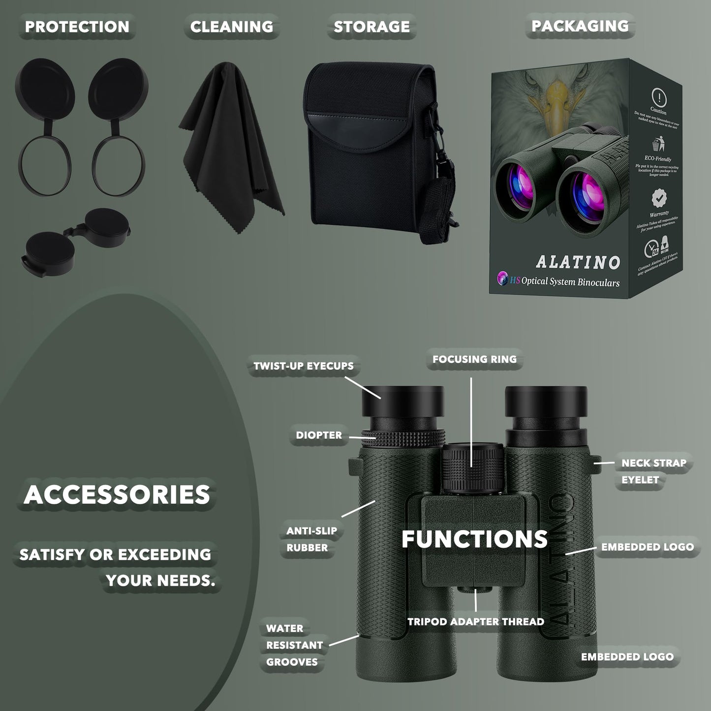Alatino 12x42 High Powered Binoculars with Harness, Optical Solution Features Bak-4 Prisms & FMC Lens for Bird Watching, Hunting, Extended Travel and Cruise (Green)