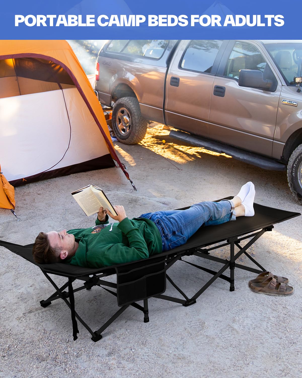 Sportneer Camping Cot: 1200D Double Layer Oxford Foldable Camping Cots for Adults - Heavy Duty Cots for Camping Travel Tent Day Outdoor & Home Guest, Camping Cots with Carry Bag & 2 Side Pockets