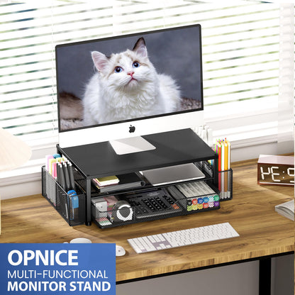 OPNICE Desk Organizer and Accessories, 2-Tier Computer Monitor Stand Riser with Drawer and 2 Pen Holders, Office Desk Accessories for Office Supplies, Black