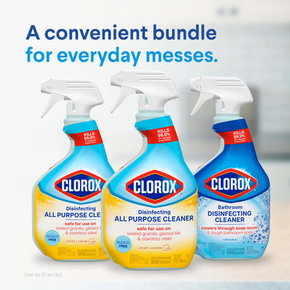 Clorox Disinfecting All-Purpose Cleaner 32 Oz and Disinfecting Bathroom Cleaner, Household Essentials, 30 Oz, Pack of 3