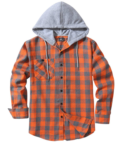 SCODI Mens Flannel Hoodie Shirt Casual Button Down Plaid Jacket Shirts Stylish Long Sleeve Shirts with Pocket Orange Large