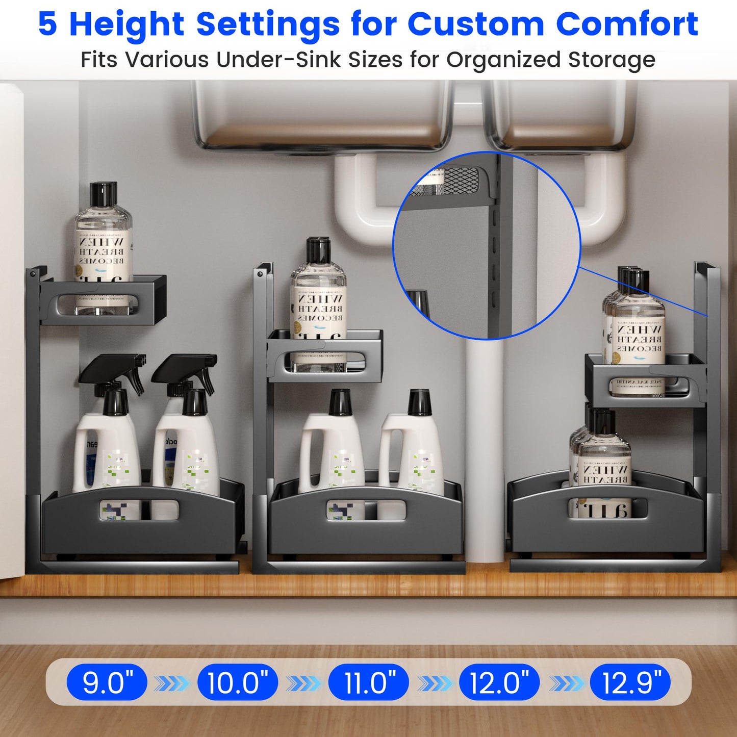 Under Sink Organizer,2 Pack Height Adjustable Under Sink Organizers and Storage, 2 Tier Under Sink Storage for Kitchen Bathroom Cabinet