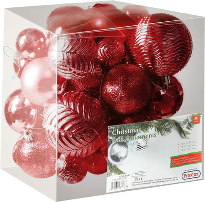 Prextex 36pc Shatterproof Christmas Ball Ornaments - Red, 6 Styles in 3 Sizes, with Hanging Loops for Tree, Wreath, Party Decor