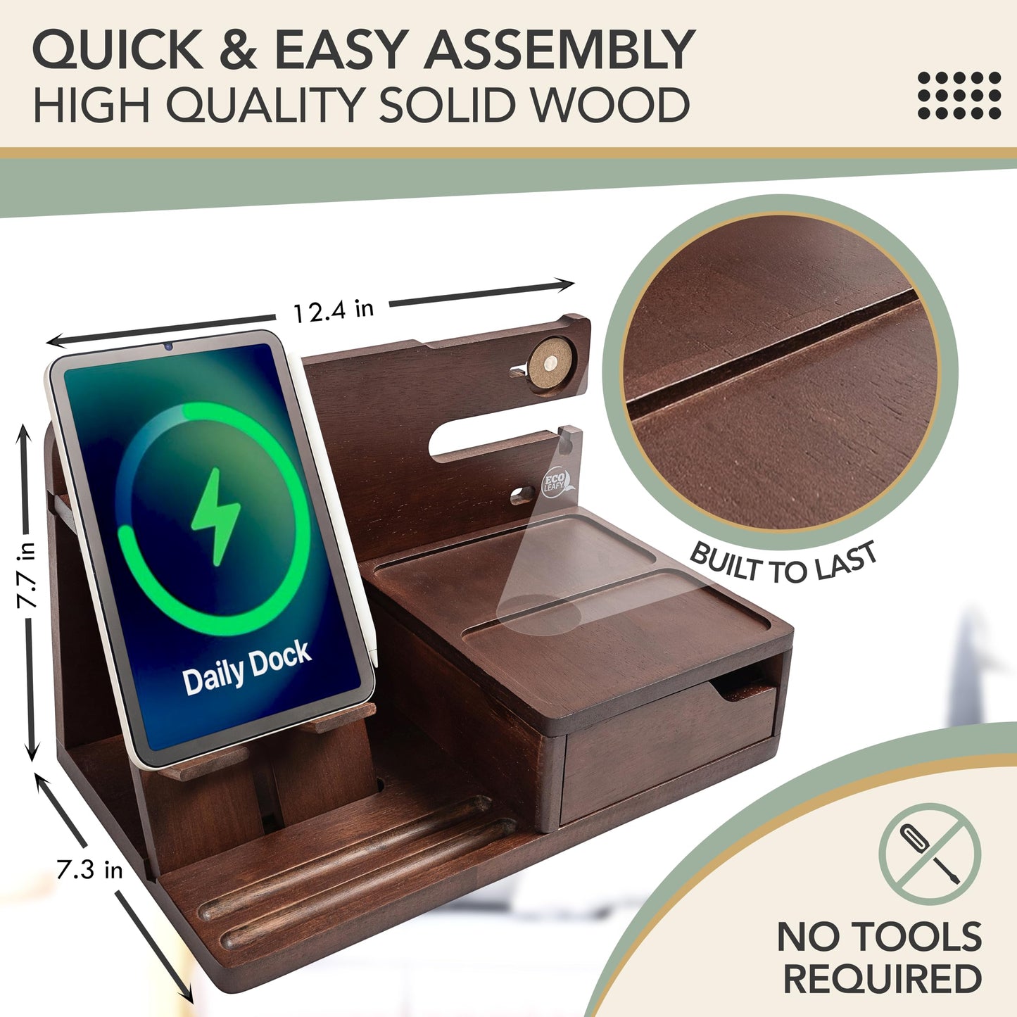 EcoLeafy Dot Nightstand Organizer- Bedside Docking Station for Men- Unique Gifts for Husband, Father or Dad from Wife, Son or Daughter- Desk Organizer for Phone, Watches, Wallet & Accessories (Brown)