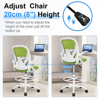 Primy Drafting Chair Tall Office Chair with Flip-up Armrests Executive Ergonomic Computer Standing Desk Chair with Lumbar Support and Adjustable Footrest Ring（Green）