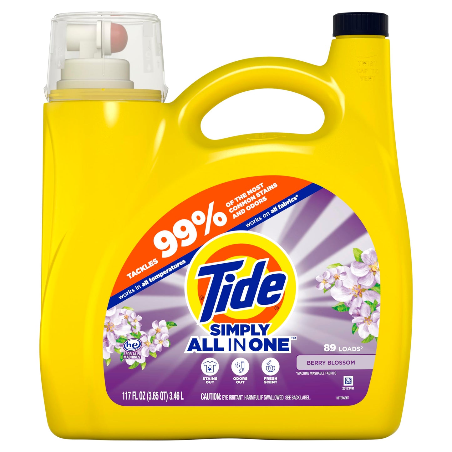 Tide Simply All-In-One Liquid Laundry Detergent, Berry Blossom Scent, 89 Loads, 117 fl oz