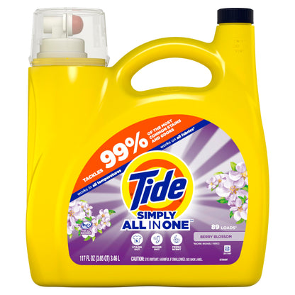 Tide Simply All-In-One Liquid Laundry Detergent, Berry Blossom Scent, 89 Loads, 117 fl oz