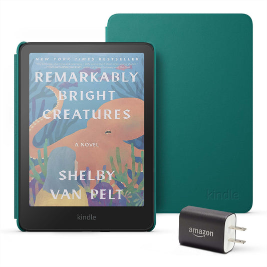 Amazon Kindle Colorsoft Essentials Bundle including Kindle Colorsoft (16 GB) – With color display - Black, Plant-Based Leather Cover-Jade and Power Adapter
