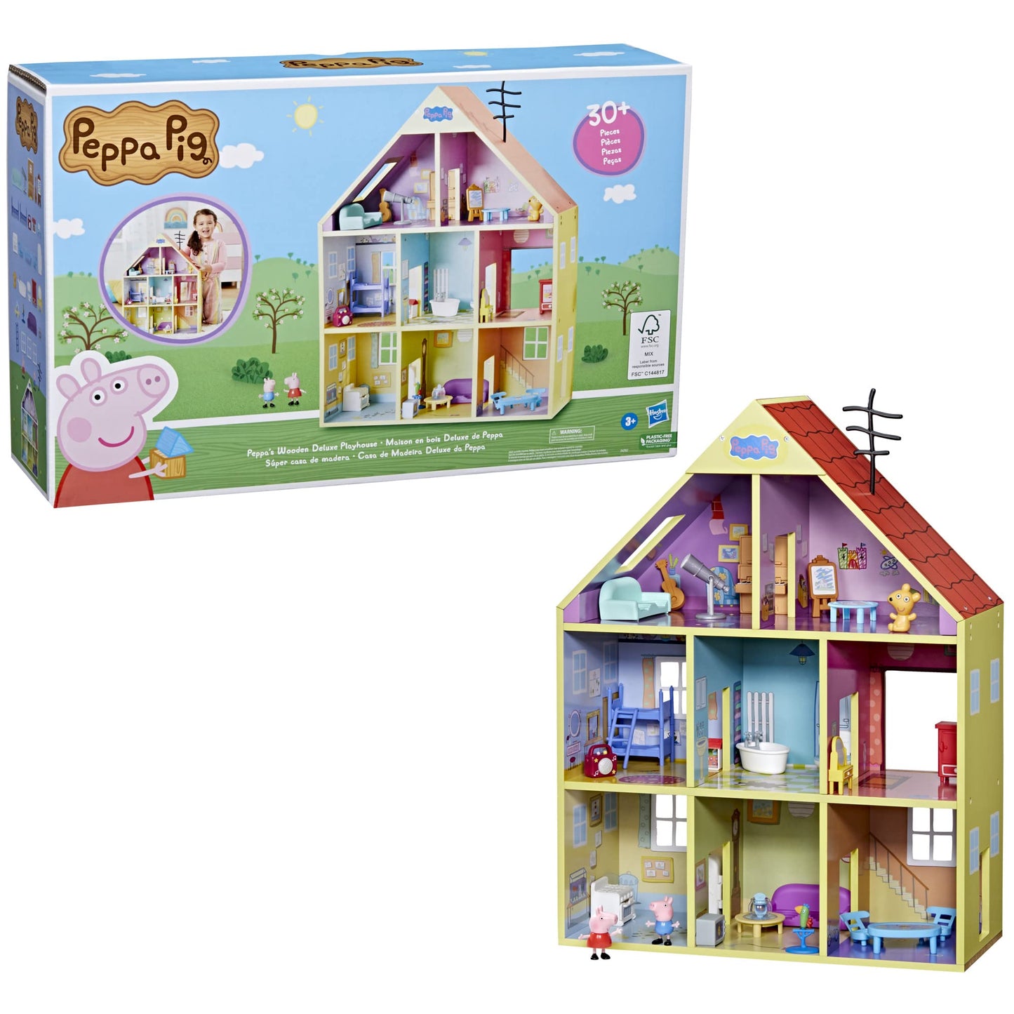 Peppa Pig Wooden Deluxe Playhouse, 8 Rooms, Includes 2 Fun Figures and 29 Accessories, Made of Responsibly Sourced Wood, for Ages 3 and Up (Amazon Exclusive)