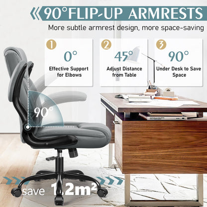 Leather Office Chair, PU Home Computer Desk Chairs with Ergonomic Back Support, 360°Swivel Free，Small Gmaing Chair with Wheels and Adjustable Armrests, for Short People Use, Gray