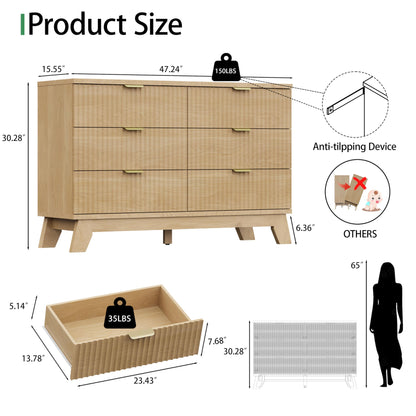 Fluted Dresser for Bedroom with 6 Drawers, 48" Wide Modern Chest of Drawers with Metal Handle, Wooden Dresser TV Stand, Wood Closet Clothes Storage Organizer for Living Room, Hallway, Natural Oak