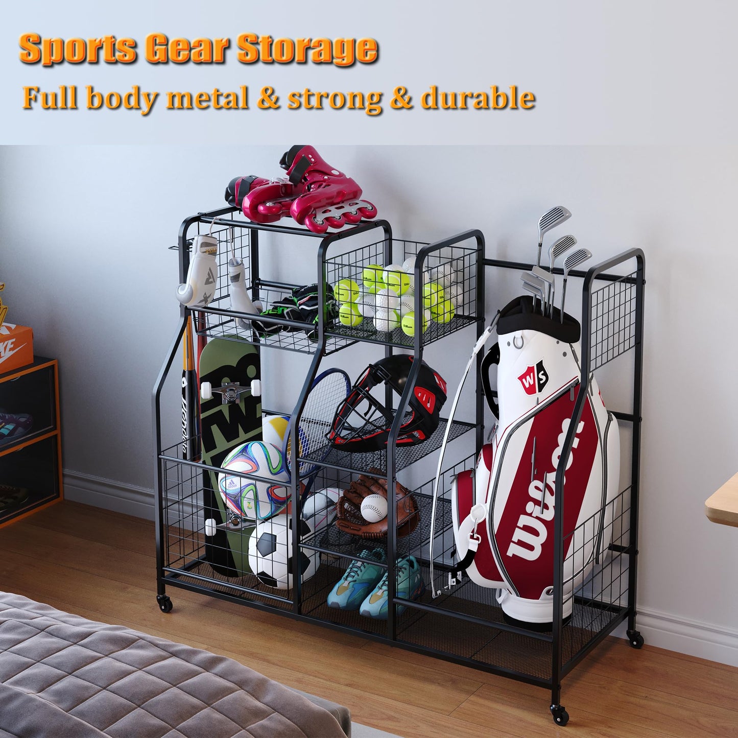 Garage Sports Equipment Organizer & Outdoor Toy Storage, Ball Storage Golf Organizer For Garage with Baskets, 5 Hooks