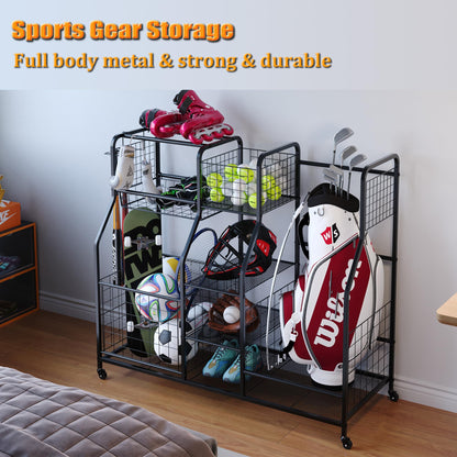 Garage Sports Equipment Organizer & Outdoor Toy Storage, Ball Storage Golf Organizer For Garage with Baskets, 5 Hooks