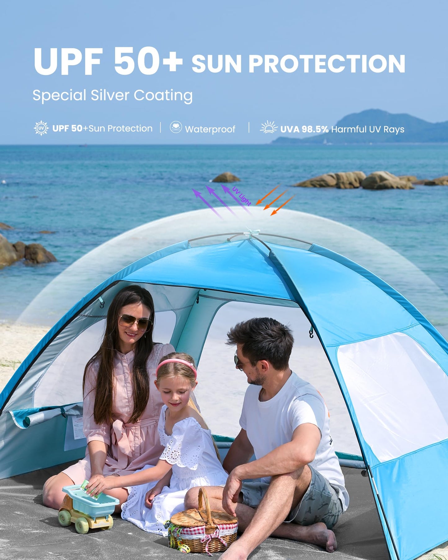 OutdoorMaster Beach Tent for 3/4 Person - Easy Setup Sun Shade Shelter, Portable Beach Shade Sun Canopy with UPF 50+ UV Protection, Removable Skylight Family Size - 3 Person Blue