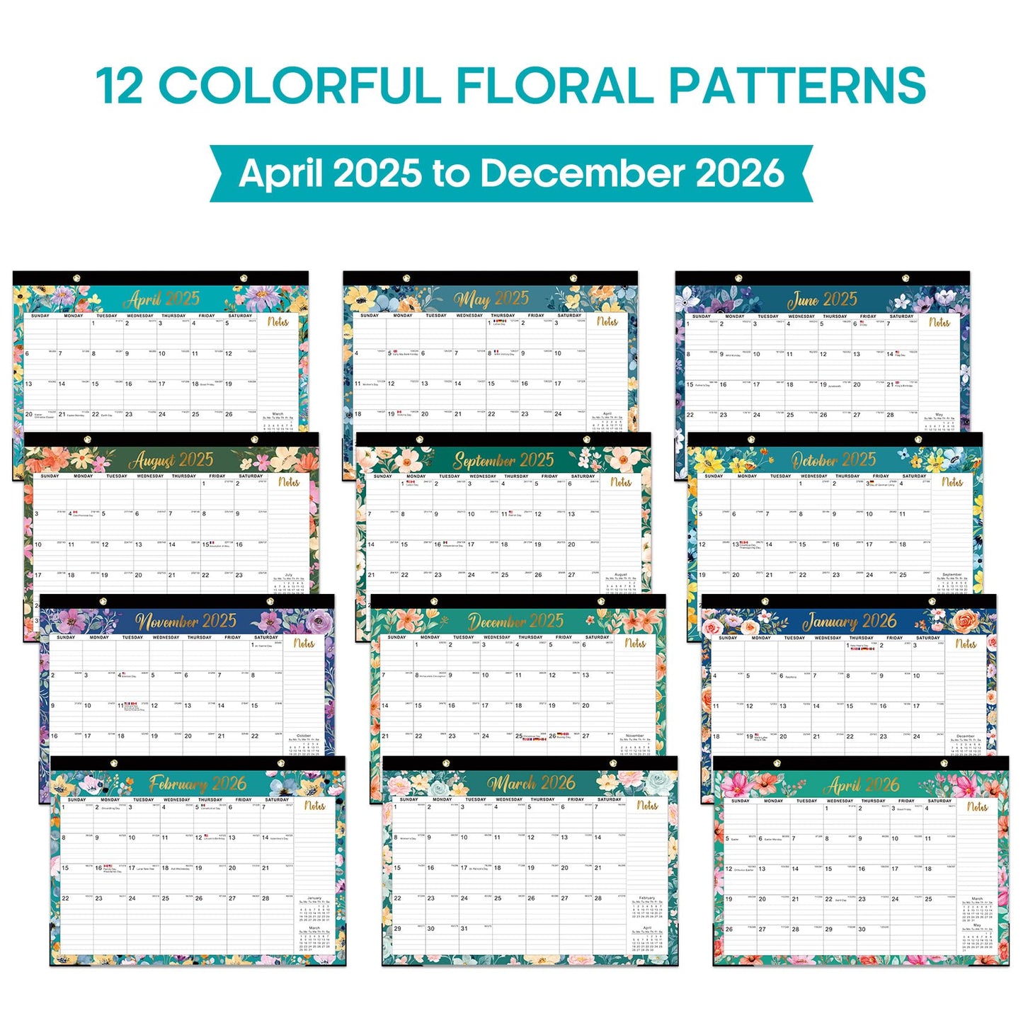 Desk Calendar 2025-2026, 21 Months Calendar Runs from April 2025 to December 2026 - Large 17" x 12" Desktop/Wall Monthly Calendar for Home School, or Office - Floral Pattern