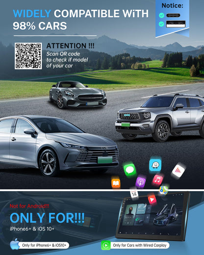 Jemluse Wireless CarPlay Adapter for Apple iPhone (2024 Upgraded) - Multi-User Seamless Connection for Convert Wired to Wireless Car Play Adapter - No Latency from iOS 10+ to Screen w/USB C (Gray)