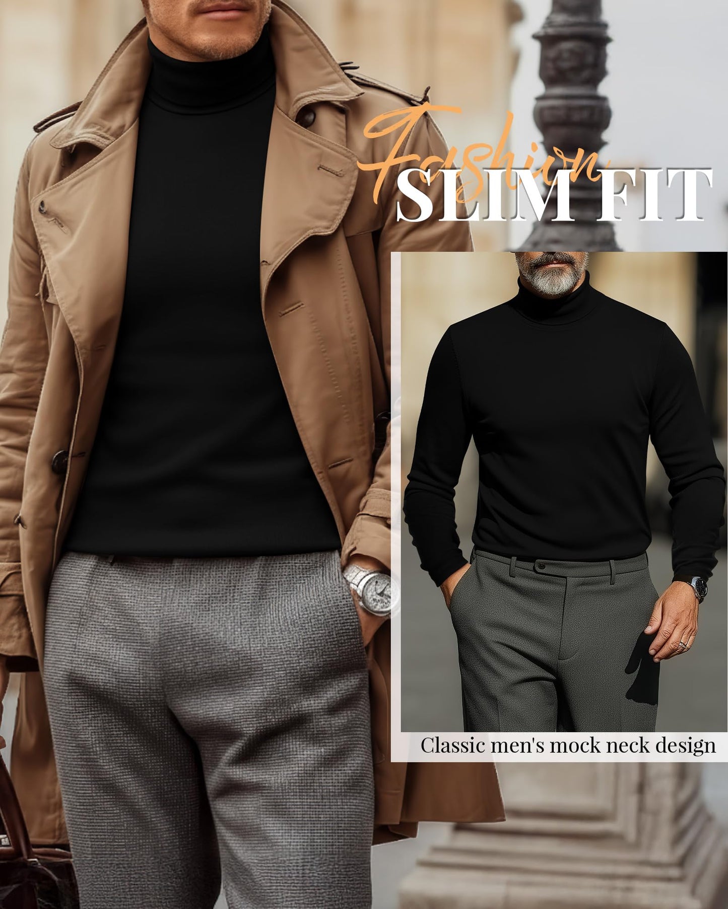 Ficerd 3 Pack Men's Turtleneck Shirts, Long Sleeve Cotton Pullover Sweaters Mock Neck Knitted T Shirt Basic Slim Fit Tee Tops(Black,Large)