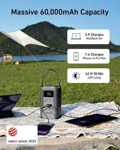 Anker Power Bank Power Station 60,000mAh,Portable Outdoor Generator 87W with Smart Digital Display, Retractable Auto Lighting and SOS Mode, Home Backup(PowerCore Reserve 192Wh) for Travel, Camping