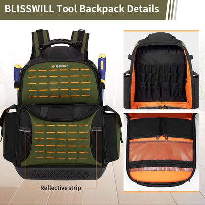BLISSWILL Tool Bag Backpack for men,Heavy Duty Tool Backpack Bag with Waterproof Molded Base，62 Pockets/40 Loops Heavy Duty Tools Organizer Bags/Electrician/Industrial/Construction Work Backpack