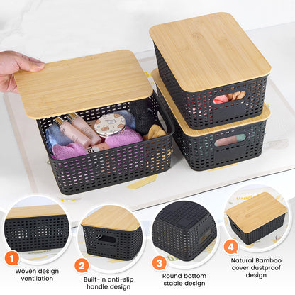 Plastic Storage Baskets With Bamboo Lid - Plastic Storage Containers Stackable Storage bins: Storage Baskets for Organizing Shelves Drawers Desktop Closet Playroom Classroom Office, 6 Pack