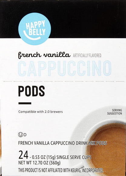 Amazon Brand - Happy Belly Cappuccino Coffee Pods Light Roast Compatible with 2.0 K-Cup Brewers, French Vanilla Flavored, 24 Count, 1.5 pound (Pack of 1)