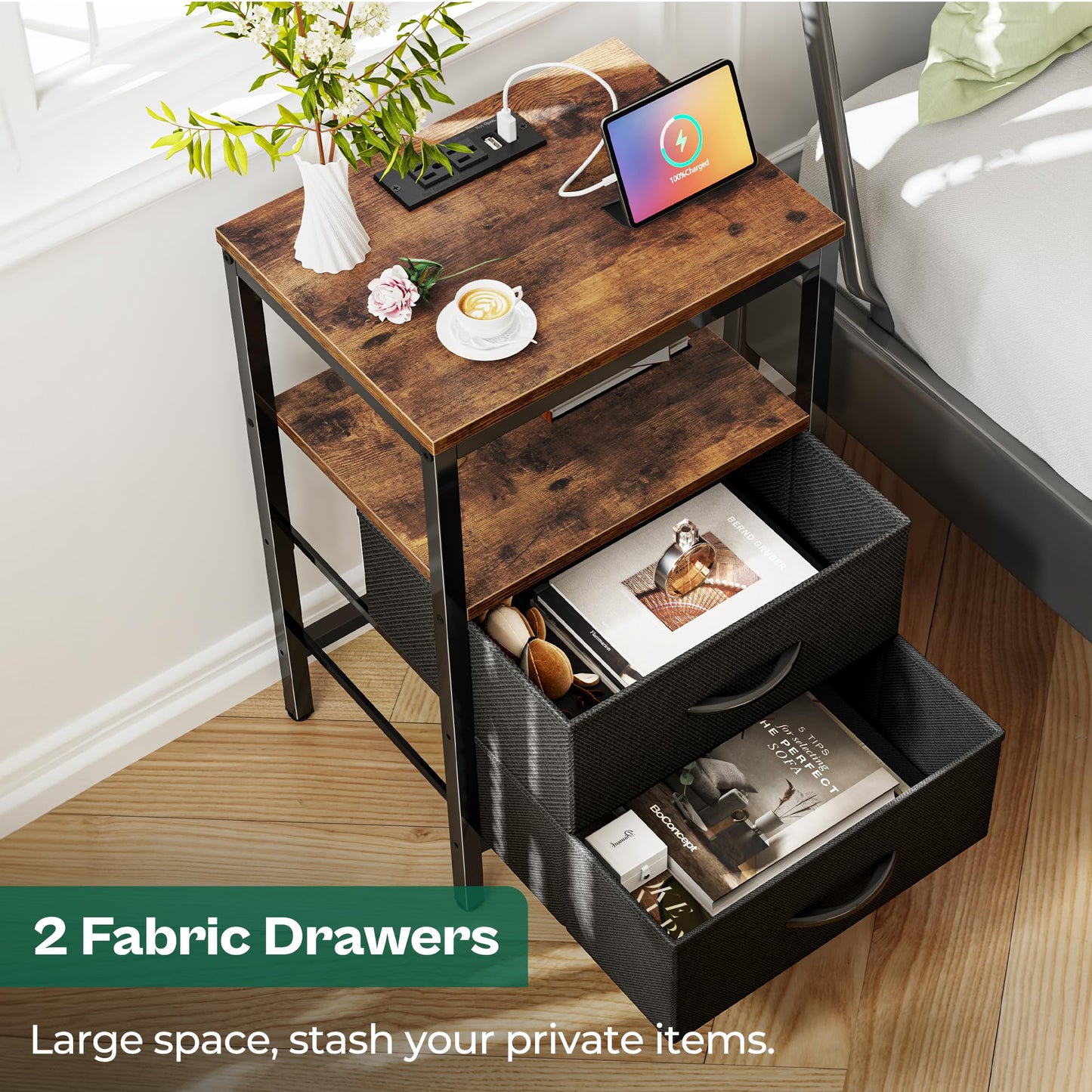 Huuger Nightstand with Charging Station, Side Table with Fabric Drawers, End Table with Open Shelf, Bedside Table with USB Ports and Outlets, Night Stand for Bedroom, Rustic Brown and Black