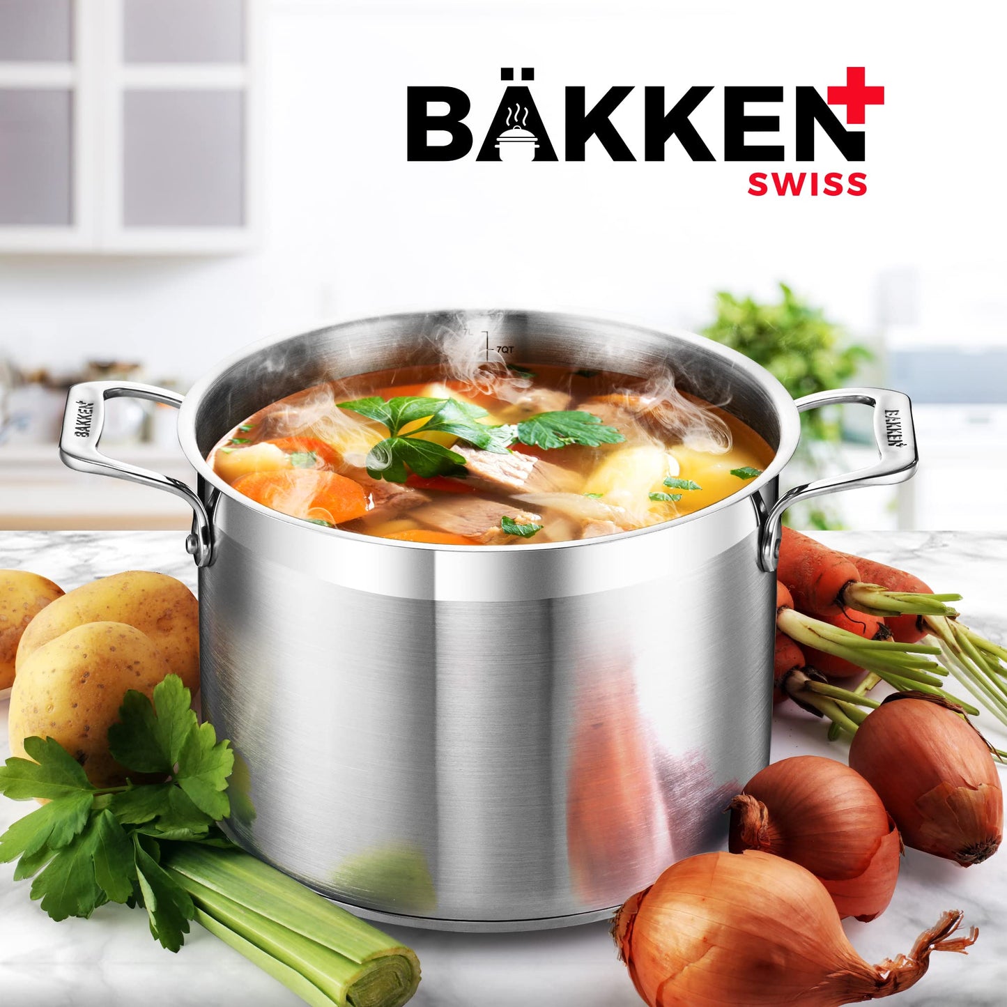 Stockpot – 5 Quart – Brushed Stainless Steel – Heavy Duty Induction Pot with Lid and Riveted Handles – For Soup, Seafood, Stock, Canning and for Catering for Large Groups and Events by BAKKEN