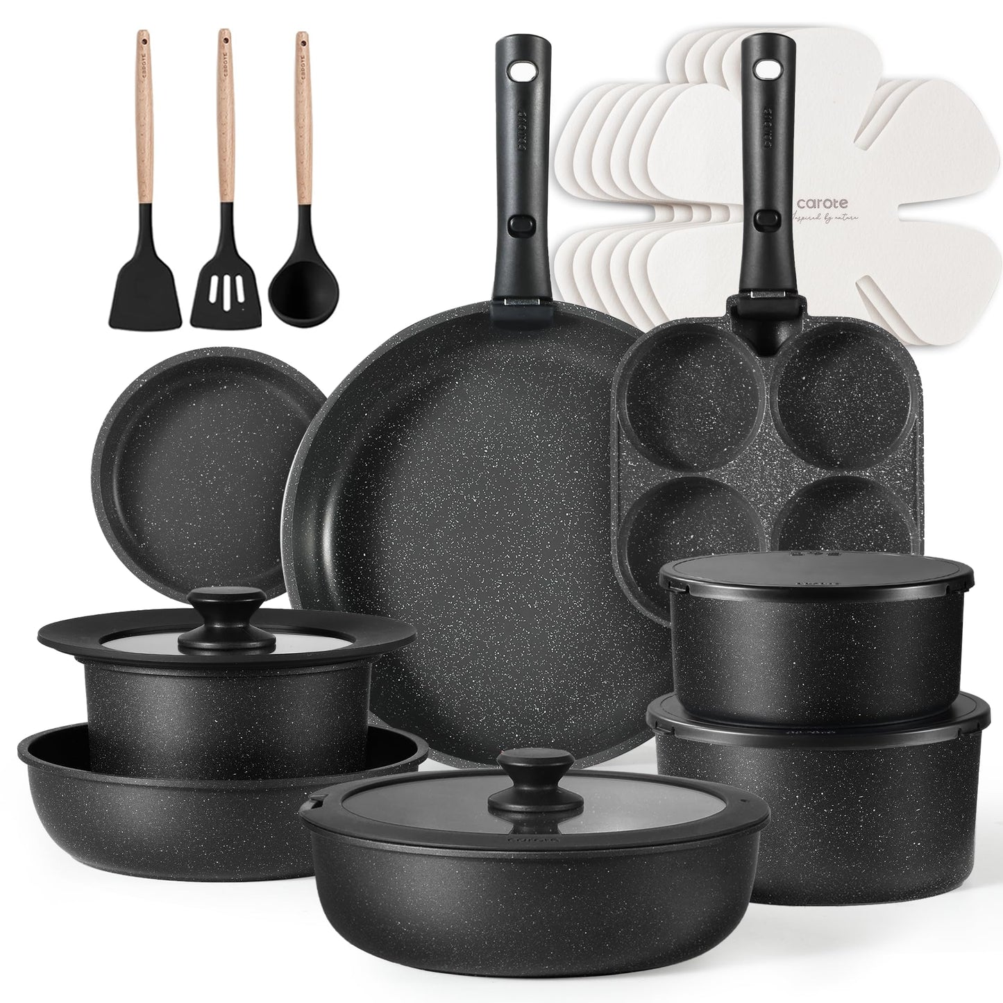 CAROTE 23pcs Pots and Pans Set Non Stick, Cookware Sets, Kitchen Set, Oven/Dishwasher/Fridge Safe, Space Saving Pots Set, Nonstick Set with Versatile Detachable Handle, Induction RV Set, Black