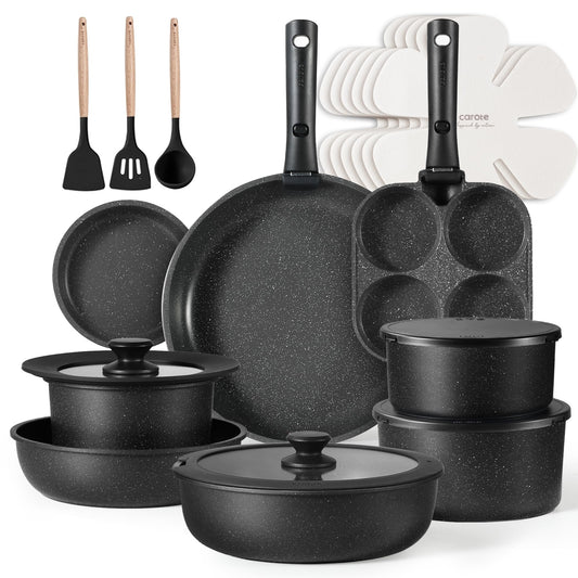 CAROTE 23pcs Pots and Pans Set Non Stick, Cookware Sets, Kitchen Set, Oven/Dishwasher/Fridge Safe, Space Saving Pots Set, Nonstick Set with Versatile Detachable Handle, Induction RV Set, Black