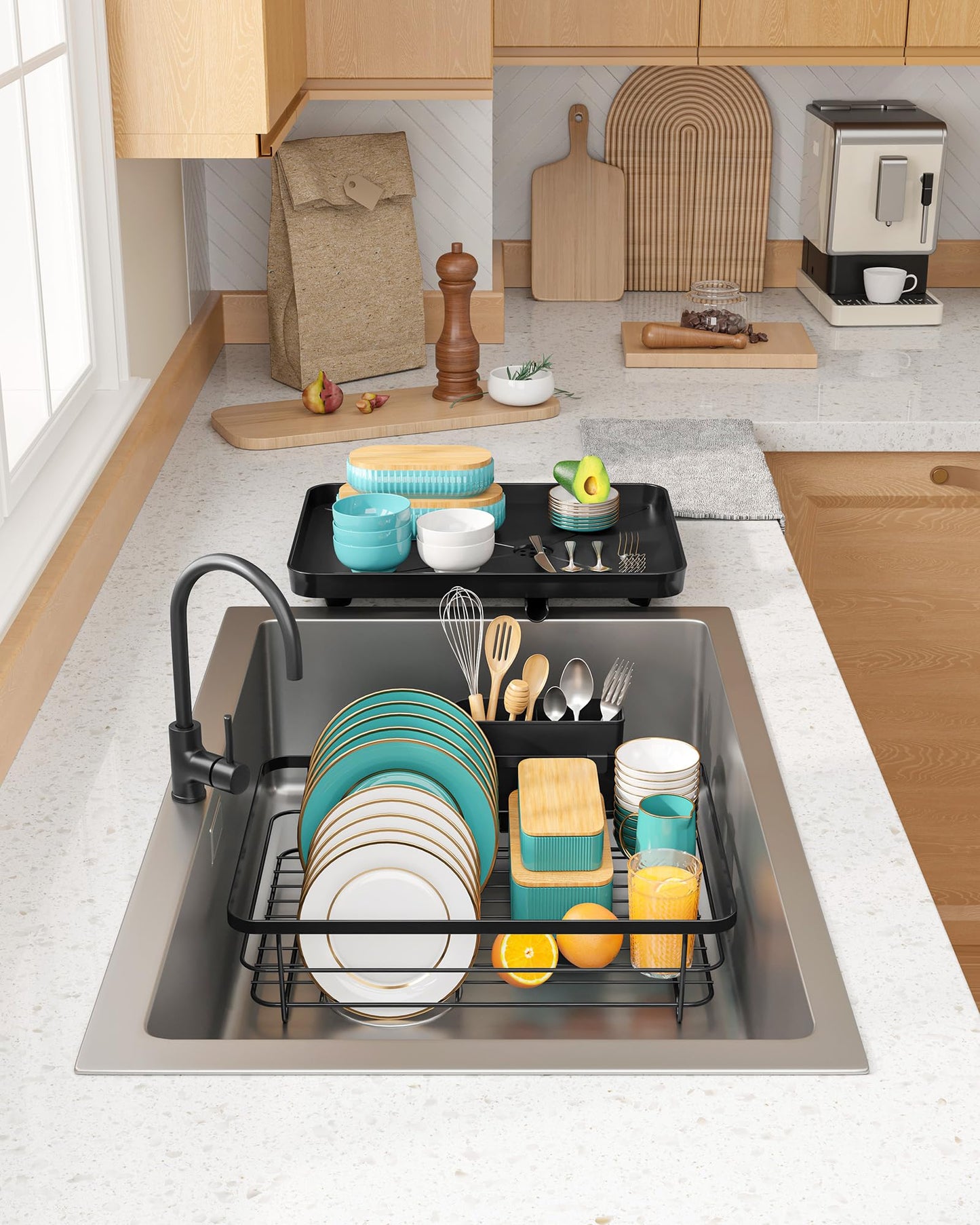 Sakugi Stainless Steel Dish Drying Rack for Kitchen Counter, Sink Organization and Storage Essentials with Silverware & Utensil Holder, Home and Apartment Decor, 12''W x 15.6''L, Black