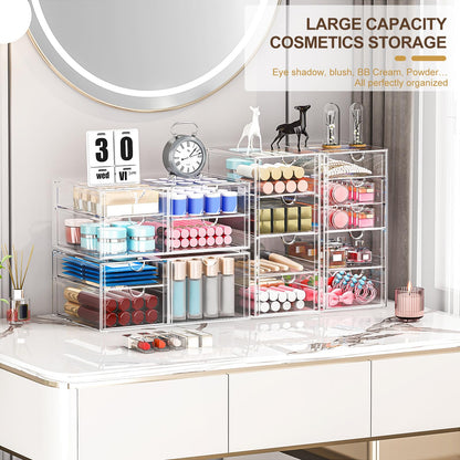 caktraie Makeup Organizer Storage With 16 Drawers, 4 Pcs Desktop Office Supplies, Desk Organizers, Clear Accessories, Dustproof Drawer and for Make Up, Jewelry, Pen, Stationary