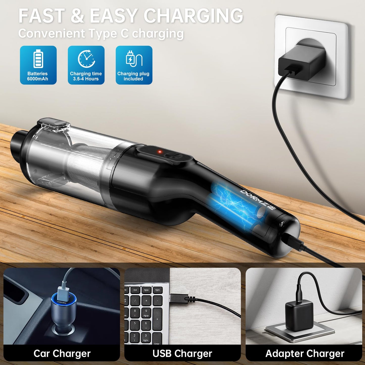 Cordless Handheld Vacuum, Rechargeable Car Vacuum with 16000Pa Powerful Suction, Ultra-Lightweight 1.3lbs, Brushless Motor, Multiple Accessories for Home Office Car Pets Cleaning