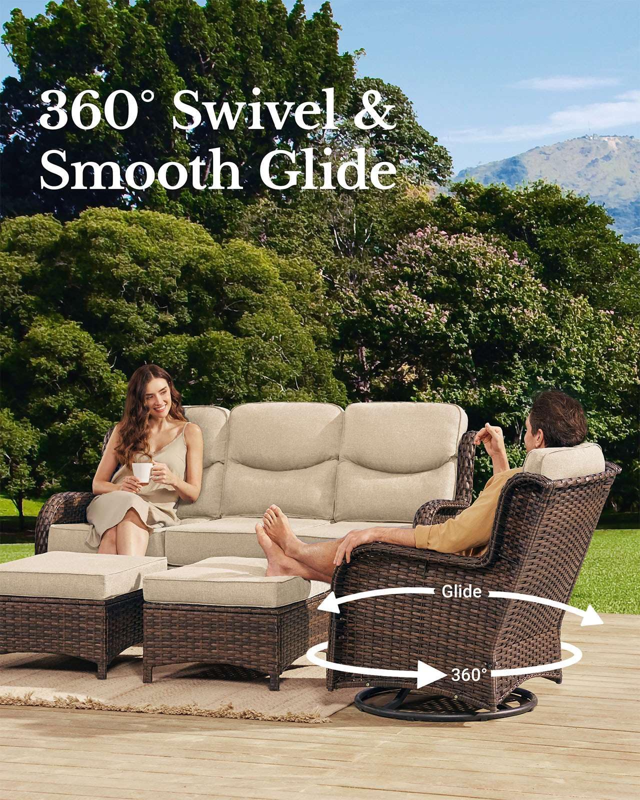 HILLGA Luxury Patio Furniture Set with 6-Inch Thick Cushions, High Back Outdoor Swivel Rocker Chairs and Patio Couch, 7-Piece All Weather Conversation Set for Porch Deck Pool Yard, Beige (V3)