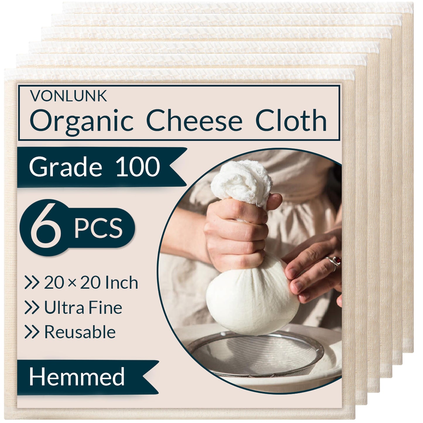 6-Pack Cheesecloth, 20x20 Inch Organic Hemmed Cheese Cloth for Straining, Reusable Unbleached Cotton Strainer for Cooking, Baking, Juicing, and Cheese Making (Grade 100)