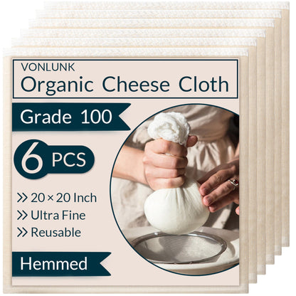 6-Pack Cheesecloth, 20x20 Inch Organic Hemmed Cheese Cloth for Straining, Reusable Unbleached Cotton Strainer for Cooking, Baking, Juicing, and Cheese Making (Grade 100)