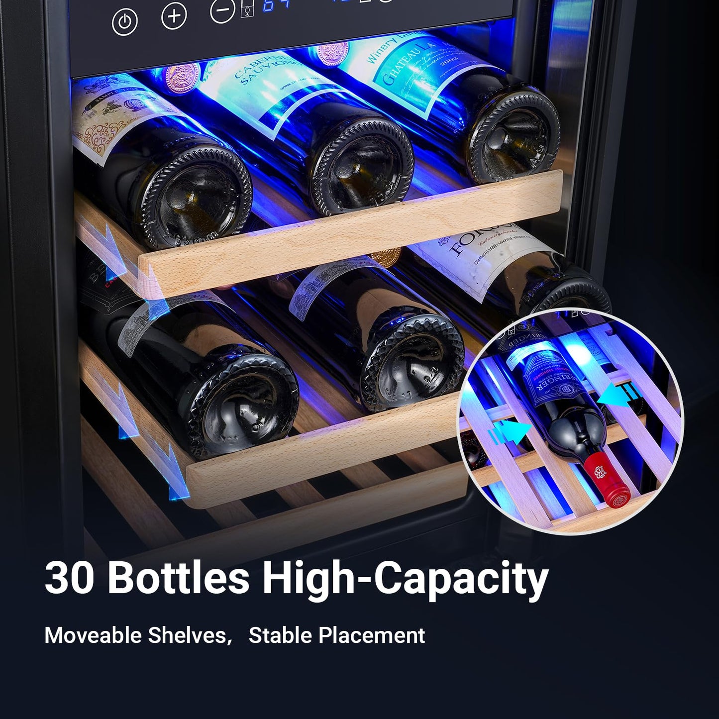 BODEGA 15 Inch Wine Cooler, Dual Zone Wine Fridge with Double-Layer Glass Door, wine cooler refrigerator with Digital Temperature Control and Temperature Memory, 30 Bottles wine cooler for home.