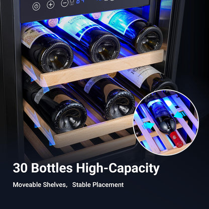 BODEGA 15 Inch Wine Cooler, Dual Zone Wine Fridge with Double-Layer Glass Door, wine cooler refrigerator with Digital Temperature Control and Temperature Memory, 30 Bottles wine cooler for home.